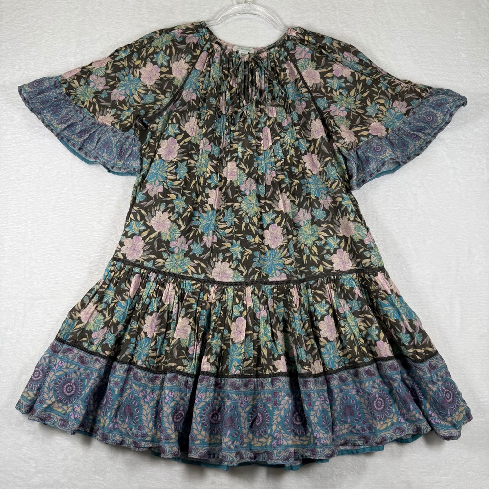 Sundance Brown Floral Cotton Boho Tiered Mini Dress Petite XS PXS Flutter Sleeve